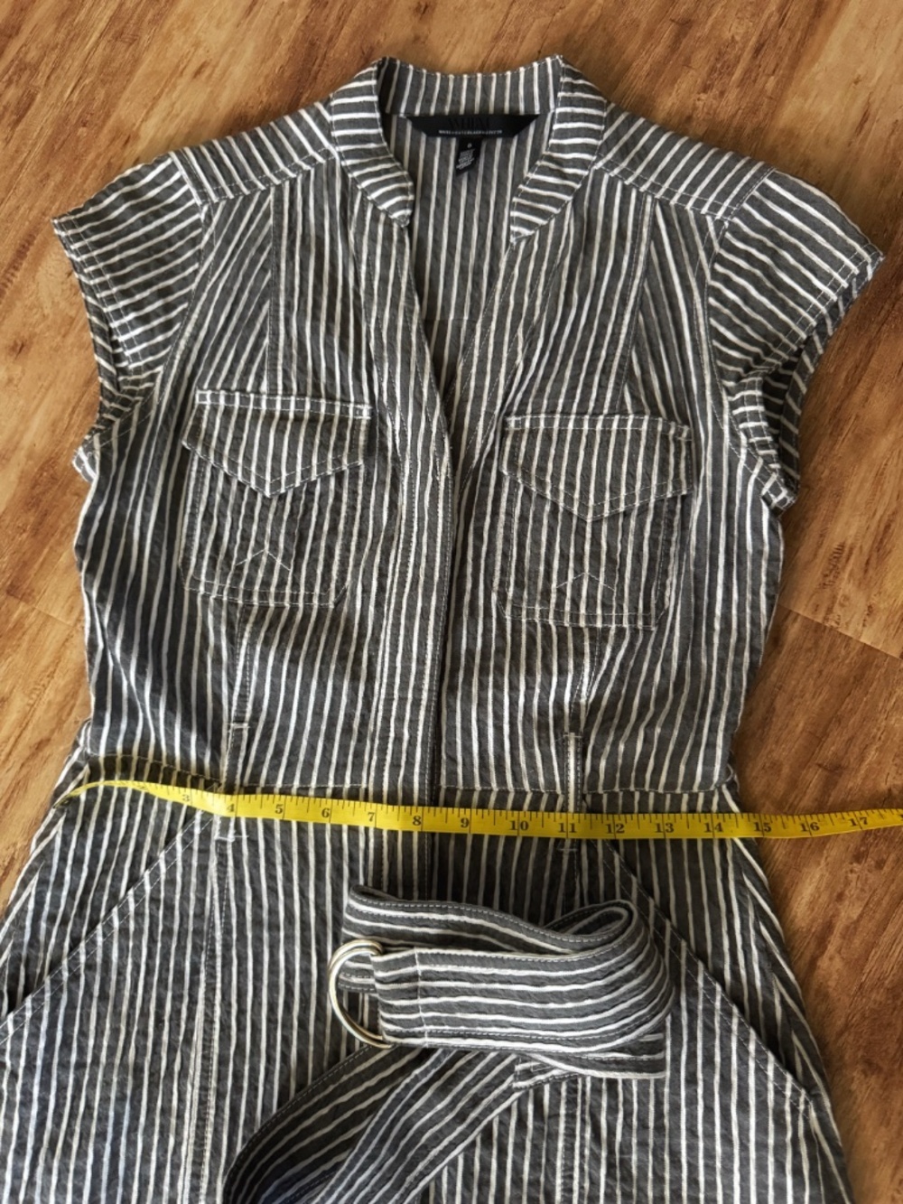 WHBM Midi Dress Striped Seersucker Railroad Stripe Cap Sleeve Belted Pockets - Picture 13 of 16